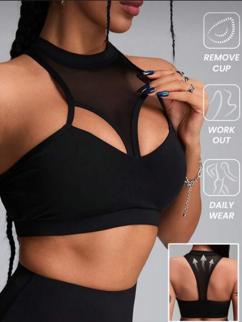 SHEIN Black Sheer High-Neck Sports Bralette